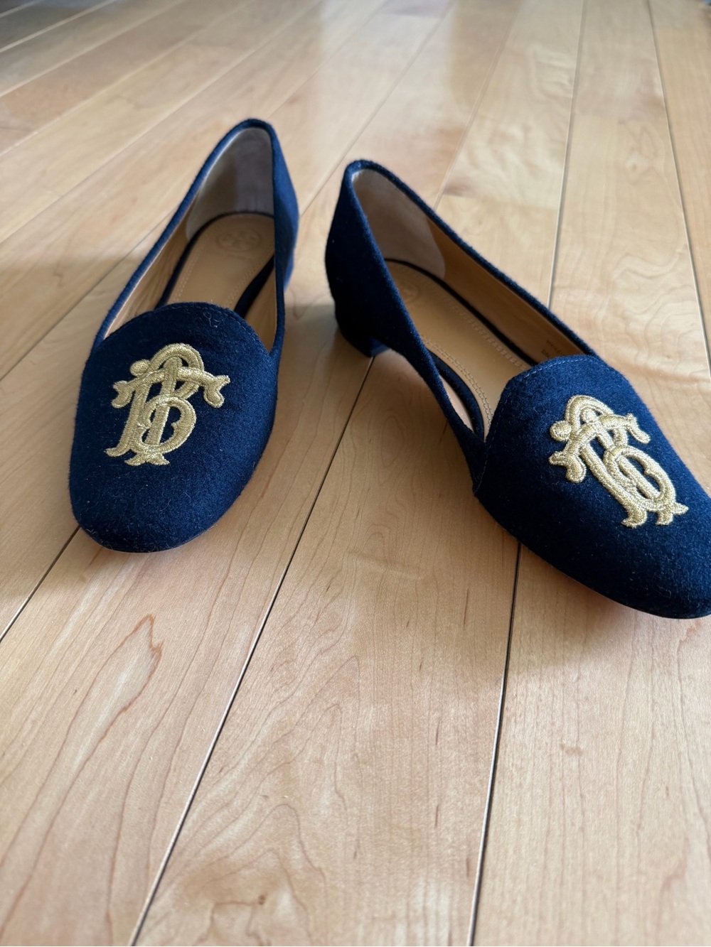 Tory Burch Navy felt  Loafers with Gold Monogram